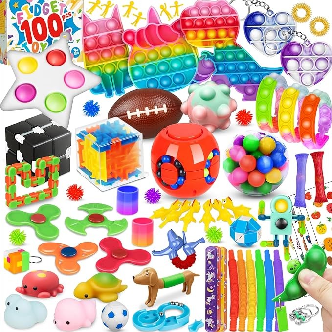 (100 Pcs) Fidget Toys Pack, Party Favors Stress Relief & Anxiety Relief Sensory Toy， Classroom Prizes Pinata Filler Treasure Box，Autistic ADHD Toys ，Stocking Stuffers Gifts for Kids Boys Girls Teens