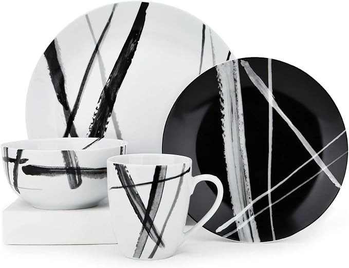 ZYAN 16 Piece Round Dinnerware Sets, Black and White Metro Stoneware Dish Sets, Dishwasher Safe Plates and Bowls Sets for 4