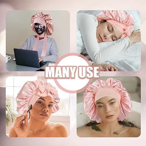 2Pc Bonnet Satin Silk Hair Bonnet With Tie Band for Sleeping Large Bonnets Hair Wrap with Adjustable Straps Hair Shower Cap Sleep Caps for Women Curly Braid Hair(pink+blue)