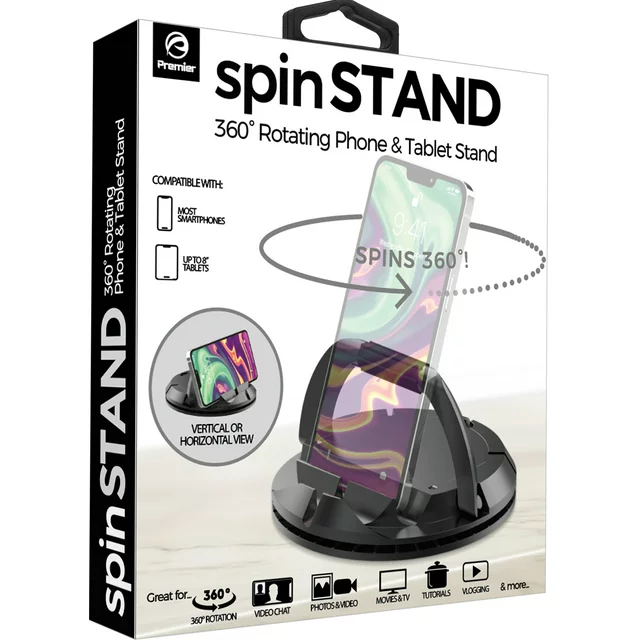 Premier 360° Spin Stand Universal Rotating Phone and Tablet Stand for Home, Office, Black