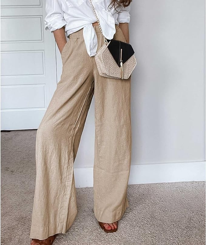 Duyang Womens Cotton Linen Palazzo Pants Drawstring Elastic Waist Casual Wide Leg Trousers with Pockets