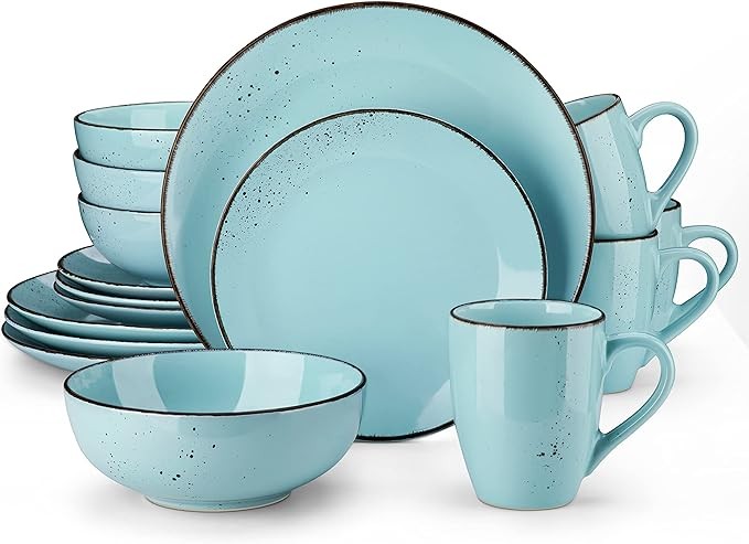 vancasso Navia Ceramic Dinnerware Set, 16 pieces Set of 4 Stoneware Spray Spot Patterned Service Dish with Dinner Plates, Salad Plates, Bowls, Mugs - Light Blue