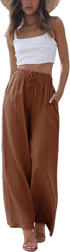 Faleave Women's Cotton Linen Summer Palazzo Pants Flowy Wide Leg Beach Trousers with Pockets