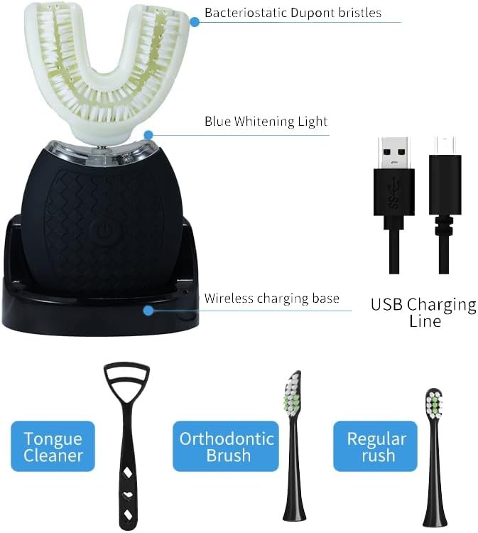 Magentak Automatic Ortho Sparkle Electric Toothbrush for Adults, U-Shaped Toothbrushes for Teeth Whitening, 360° Mouth Cleansing, Wireless Charging & Waterproof IPX7 (Black)