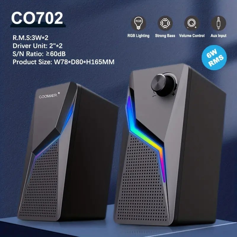 RGB Desktop Speakers, 2.0CH Stereo PC Computer Gaming Speakers, 6W Multimedia Monitor Speakers, Volume Control, USB Powered / 3.5mm Cable
