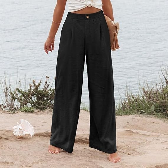 eoeioa Wide Leg Pants for Women Dressy Button High Waisted Business Pants Summer Casual Work Beach Pants Trousers with Pocket